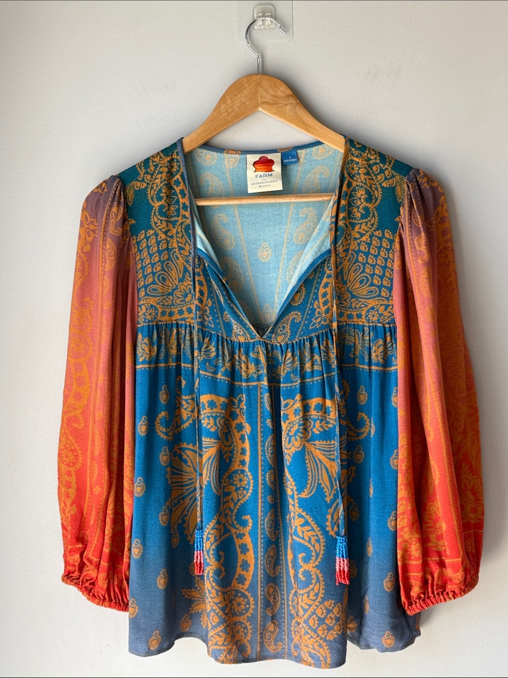 Farm Rio Boho Peasant Beaded Puff Sleeve Blouse Like New - Picture 2 of 9